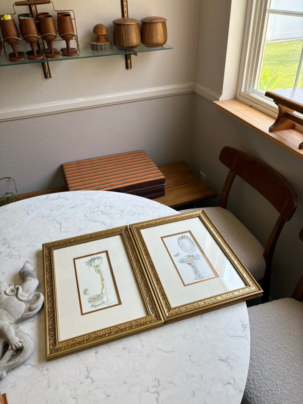Vintage Pair of Gold Ornate Framed Bathroom Prints
